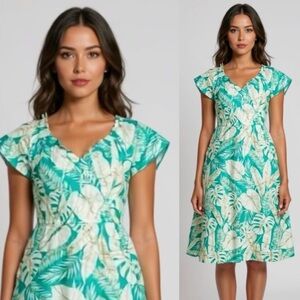 Talbots Sketched Leaves Fit Flare Midi Dress Aqua White Lagoon Tropical Size 12